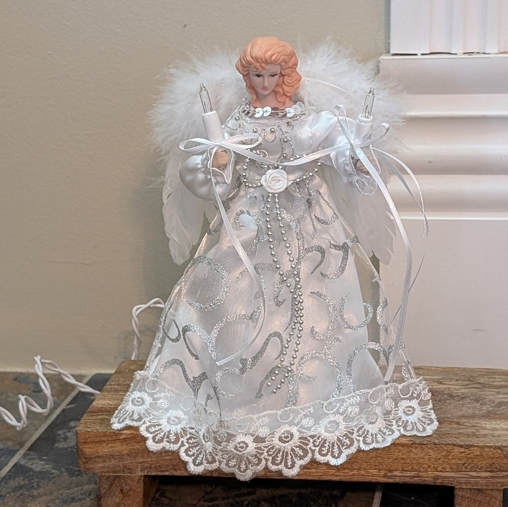 Porcelain Lighted Angel Vintage 8 inch Lacy Christmas Tree Topper